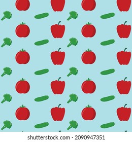 Vegetables pattern with tomatoes, peppers, broccoli, cucumber on a blue  background. Cute vegetables