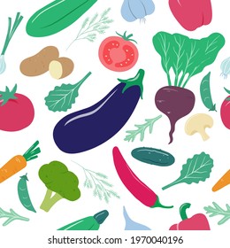 Vegetables pattern. Vegan organic food potatoes, tomato and beets, mushrooms and peppers, carrots and broccoli, garlic seamless vector texture. Healthy and natural products with vitamins