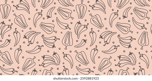 Vegetables, pepper, chili. Line drawing. Seamless pattern. World vegan day. Food, natural, vegetarian, pepper pod. Farmers market and diet concept. Harvest. Vector repeating background. 