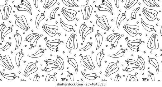 Vegetables, pepper, chili. Line drawing. Seamless pattern. World vegan day. Food, natural, vegetarian, pepper pod. Farmers market and diet concept. Harvest. Vector repeating background. 