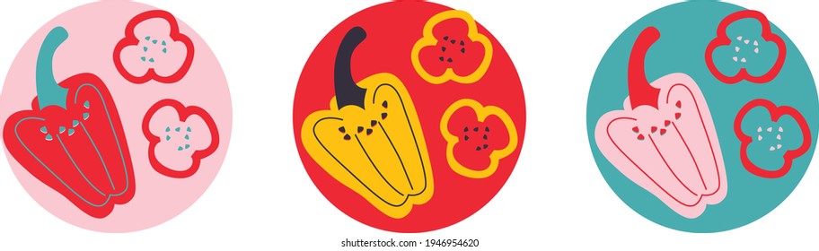 Vegetables pepper logo set for products, agricultural shops, packaging and advertising. Abstract flat stickers, emblems and labels for fresh food. Cartoon graphic design editable for your design.