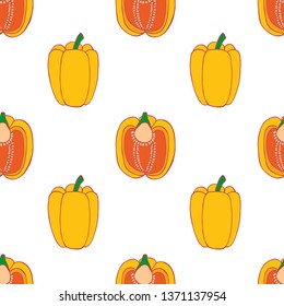 Vegetables pepper seamless pattern for wallpaper design. Fresh ripe color food. Organic healthy vegetable.  Raw, vegan, vegetarian food. Cartoon pattern on white backdrop. Vector doodle design. 