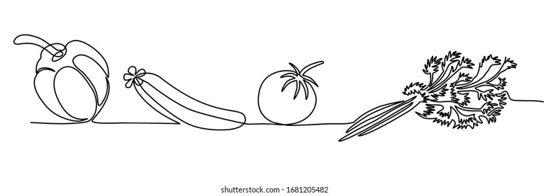 vegetables pepper, tomato, cucumber, dill, parsley in one line. Vector isolated hand drawn illustration on white background. Healthy diet