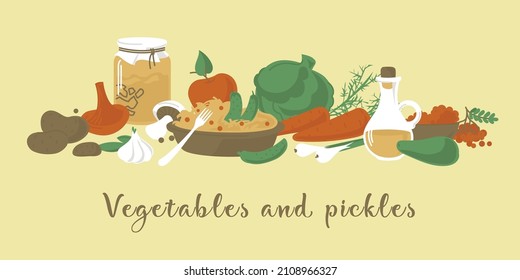 Vegetables and pickles. Dishes and products of Russian cuisine. Lenten food. Vector image.