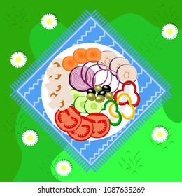 Vegetables picnic in the open air. Top view. Green grass, camomile, tablecloth, napkins, plates. Sliced pepper, eggplant, cauliflower, tomato, broccoli, zucchini, carrots, cucumber, olives.
