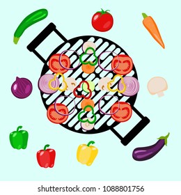 Vegetables picnic in the open air. Top view. Isolated on white items. Round grill. Sliced and whole vegetables - onion, zucchini, tomato, eggplant, carrot, champignon, pepper