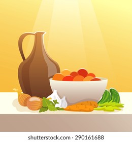 Vegetables and pitcher on table still life flat vector illustration