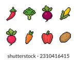 vegetables pixel art icon set, for mobile apps and game design, isolated retro game design, vector illustration