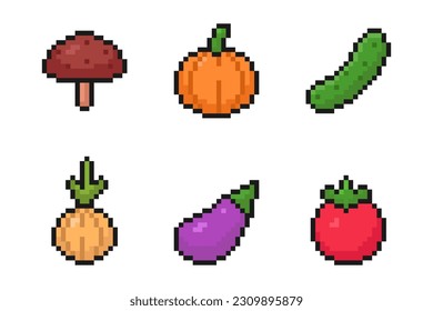 vegetables pixel art icon set, for mobile apps and game design, isolated retro game design, vector illustration