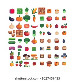 Vegetables pixel art icons set mushrooms and nuts isolated vector illustration. Design for stickers, logo, mobile app. Video game assets 80s 8-bit sprite sheet.