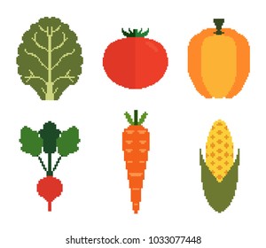 Vegetables pixel art icons set. Vector illustration.