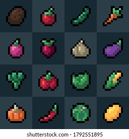 Vegetables pixel art icons set. isolated vector illustration of mobile game sprites. Design for stickers, logo, mobile app. Game assets 8-bit sprite sheet contains: carrot, corn, tomato, melon, potato