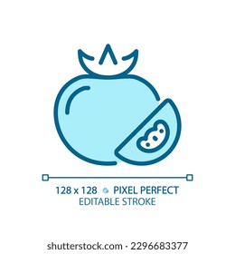 Vegetables pixel perfect blue RGB color icon. Fiber food. Vegan meal. Grocery shopping. Fresh tomato. Vegetarian diet. Isolated vector illustration. Simple filled line drawing. Editable stroke
