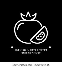 Vegetables pixel perfect white linear icon for dark theme. Fiber food. Vegan meal. Grocery shopping. Fresh tomato. Thin line illustration. Isolated symbol for night mode. Editable stroke