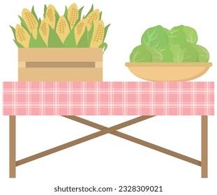 Vegetables placed on a long table. vector illustration