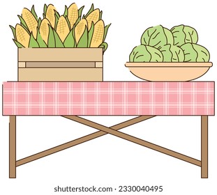 Vegetables placed on a long table. vector illustration