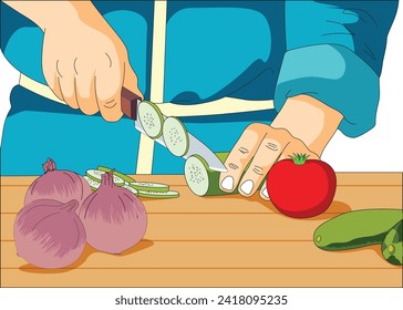 Vegetables placed on a wooden board and man cutting cucumber with a knife
