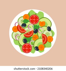 vegetables in plate flat design top view. Salad bowl for healthy meal. Vegetarian dish. 