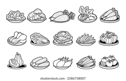 Vegetables in plate outline vector illustration set