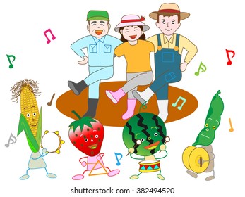 Vegetables play music and are pleased with a good harvest with a farmer.