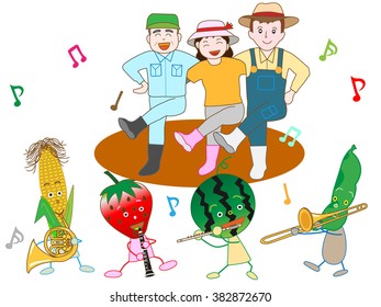 Vegetables play music and are pleased with a good harvest with a farmer.