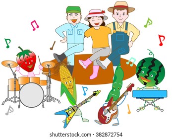 Vegetables play music and are pleased with a good harvest with a farmer.