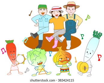 Vegetables play music and are pleased with a good harvest with a farmer.