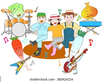 Vegetables play music and are pleased with a good harvest with a farmer.