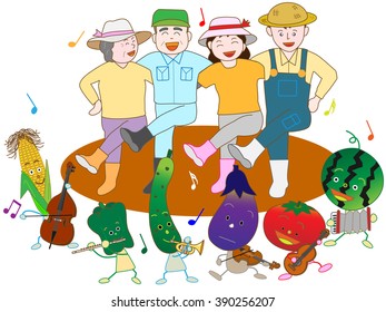 Vegetables play music and are pleased with a good harvest with a farmer.