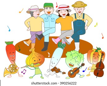 Vegetables play music and are pleased with a good harvest with a farmer.