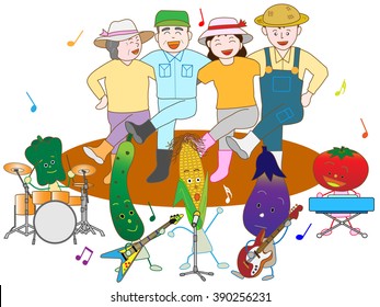 Vegetables play music and are pleased with a good harvest with a farmer.