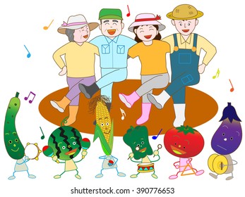 Vegetables play music and are pleased with a good harvest with a farmer.