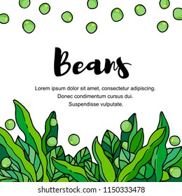 Vegetables. Pods of green bean, soybeans with leaves. Vector hand drawn illustration cartoon doodle flat. Cheerful illustration for label design and packing kidney beans, soybeans, green peas.