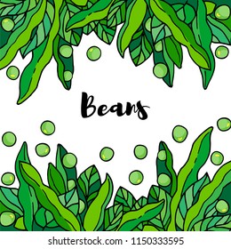 Vegetables. Pods of green bean, soybeans with leaves. Vector hand drawn illustration cartoon doodle flat. Cheerful illustration for label design and packing kidney beans, soybeans, green peas.