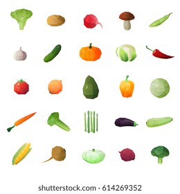 Vegetables polygonal set of twenty five isolated polyangular ripe green stuff single images on blank background vector illustration