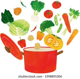 
Vegetables popping out of the pot watercolor touch illustration
