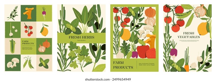 Vegetables posters. Cartoon banner with organic fresh vegetables and Italian herbs, natural farm food banner template with local farm products. Vegetarian food Mediterranean cuisine diet. Vector set.