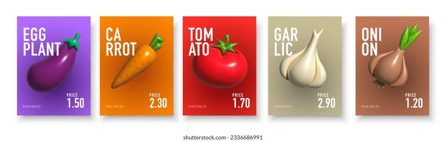 Afiches y precios de verduras. Verduras inflables. Elemento 3D inflado con efecto plasticino. Indique la berenjena, zanahoria, tomate, ajo, cebolla. Ilustración del vector