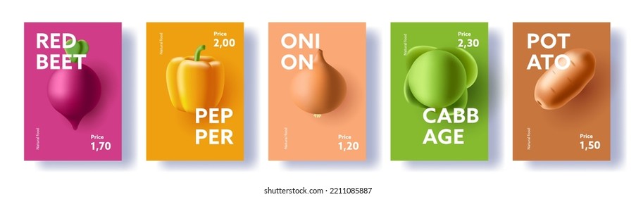 Vegetables posters set, 3d render illustrations of beet pepper onion cabbage potato