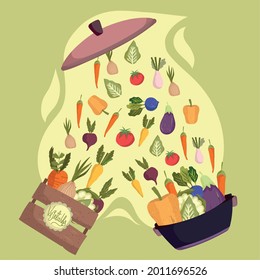 verduras en el mercado de las macetas y las cajas