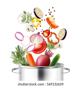 Vegetables and pot realistic concept with ingredients and cooking symbols vector illustration