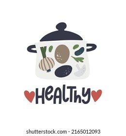 Vegetables in the pot. Pot of vegetable soup icon vector isolated on a white background. Tasty vegetable broth icon. Vector lettering healthy.