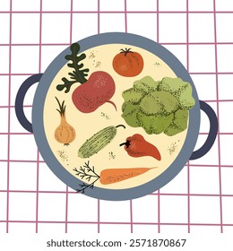 vegetables in a pot.  vegetarian soup illustration. Cabbage, red pepper, onion, beets, zucchini, tomatoes, carrots, spices. flat style vector. top view