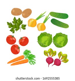 Vegetables, potatoes, cabbage, cucumbers, tomatoes, carrots, beets, onions, parsley
