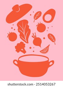 Verduras en macetas. Rábano, cebolla, lechuga, pimiento, tomate, albahaca, brócoli, huevo. Ilustración vectorial. Para el menú, receta de sopa. dieta 