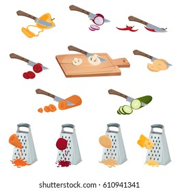 Vegetables preparing set of tools for chopping cutting by knife and grater isolated vector illustration