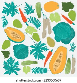Vegetables print pattern wallpaper in colorful flat design for kitchen background design