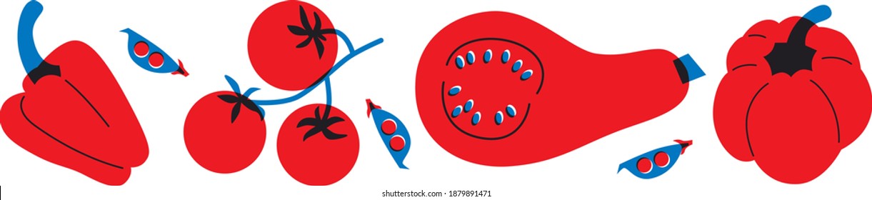 Vegetables pumpkin, pepper, tomato cartoon abstract vector. Abstract set vegetables for your design. Can be use for restaurants menu, cover, packaging. Horizontal banner veggies set.