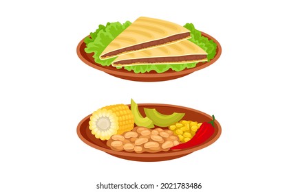 Vegetables and Quesadilla with Savory Filling Vector Set