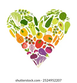 Vegetables rainbow heart concept. Healthy diet hand drawn flat poster. Colorful simple print with vegetables for promo of healthy veggie nutrition promo.